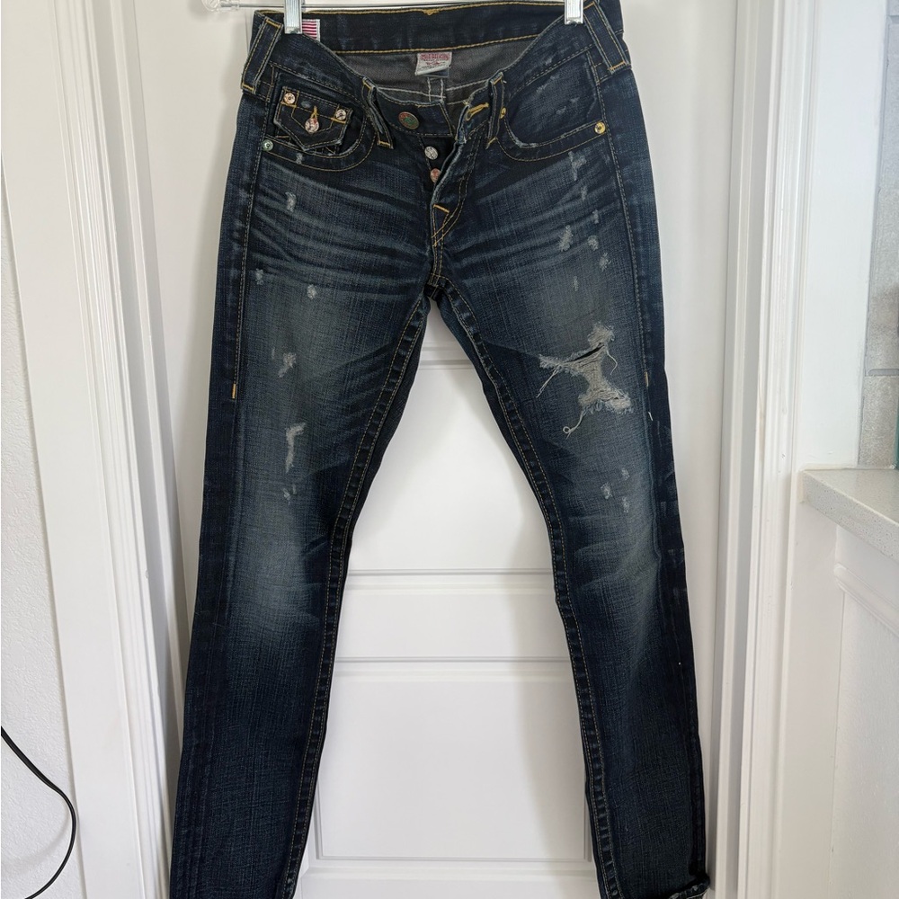 True Religion Blue Skinny Jeans Distressed Style
